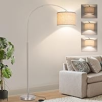 Floor Lamp for Living Room, Dimmable Arc Floor Lamp with Adjustable Head, Silver Finish Modern Floor Lamp, Over Couch Tall Standing Hanging Lights for Reading, Bedroom, Office, 9W 3000K Bulb Included