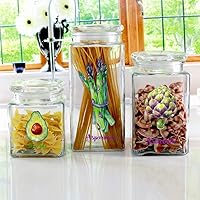 Circleware Garden Glass Canister Jars, 3-Piece Set with Metal Caddy, Farmhouse Decor Home Kitchen Utensils Food Preserving Containers Coffee, Sugar, Tea, Spices, Cereal, 61 oz, 40 oz, 27 oz, Clear