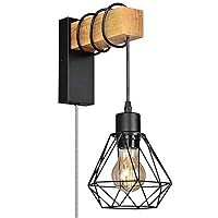 Retro Industrial Plug in Wall Sconce for Bedroom, Wood Hanging Wall Lamp with Cage Lampshade, Mounted Wall Light Fixture for Living Room Kitchen Reading, Modern Vintage Farmhouse Decor (no Bulbs)