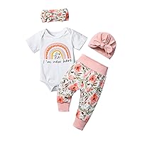 WIQI Baby Girl Clothes, Newborn Girl Letter Print Romper Tops +Cute Pants +Hat +Headband 4PCS Spring Summer Outfits Set