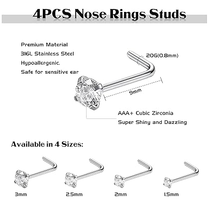Jstyle 20G 4Pcs Stainless Steel Nose Rings Studs L-Shape Piercing Body Jewelry 1.5mm 2mm 2.5mm 3mm