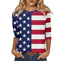 4Th of July Tops for Women Striped and Stars Printed Graphic Tees 3/4 Length Sleeve Scoop Neck Tops Summer Blouses 2024