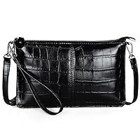 befen Genuine Leather Wristlet Clutch Wallet Purses Small Crossbody Bags Shoulder Handbag for Women, Silver Zipper, Black - Crocodile Pattern Oil Wax, S