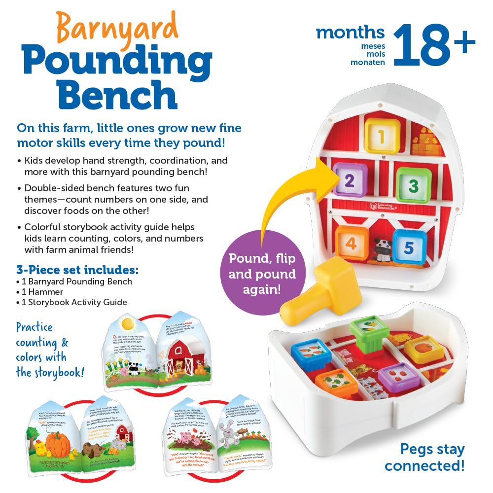 Learning Resources Barnyard Pounding Bench, 3 Pieces, Ages 18 Months+, Preschool Learning Activities, Toddler Toys, Montessori Toys