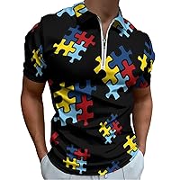 Autism Awareness Day Mens Zip Up Polo Shirts Short Sleeve Quick Dry Casual Sports Outdoor Golf Tennis Shirt
