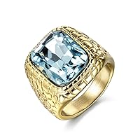 Engraved Stainless Steel Mens Ring Blue Synthetic Aquamarine Cubic Zirconia Gold Color Luxury