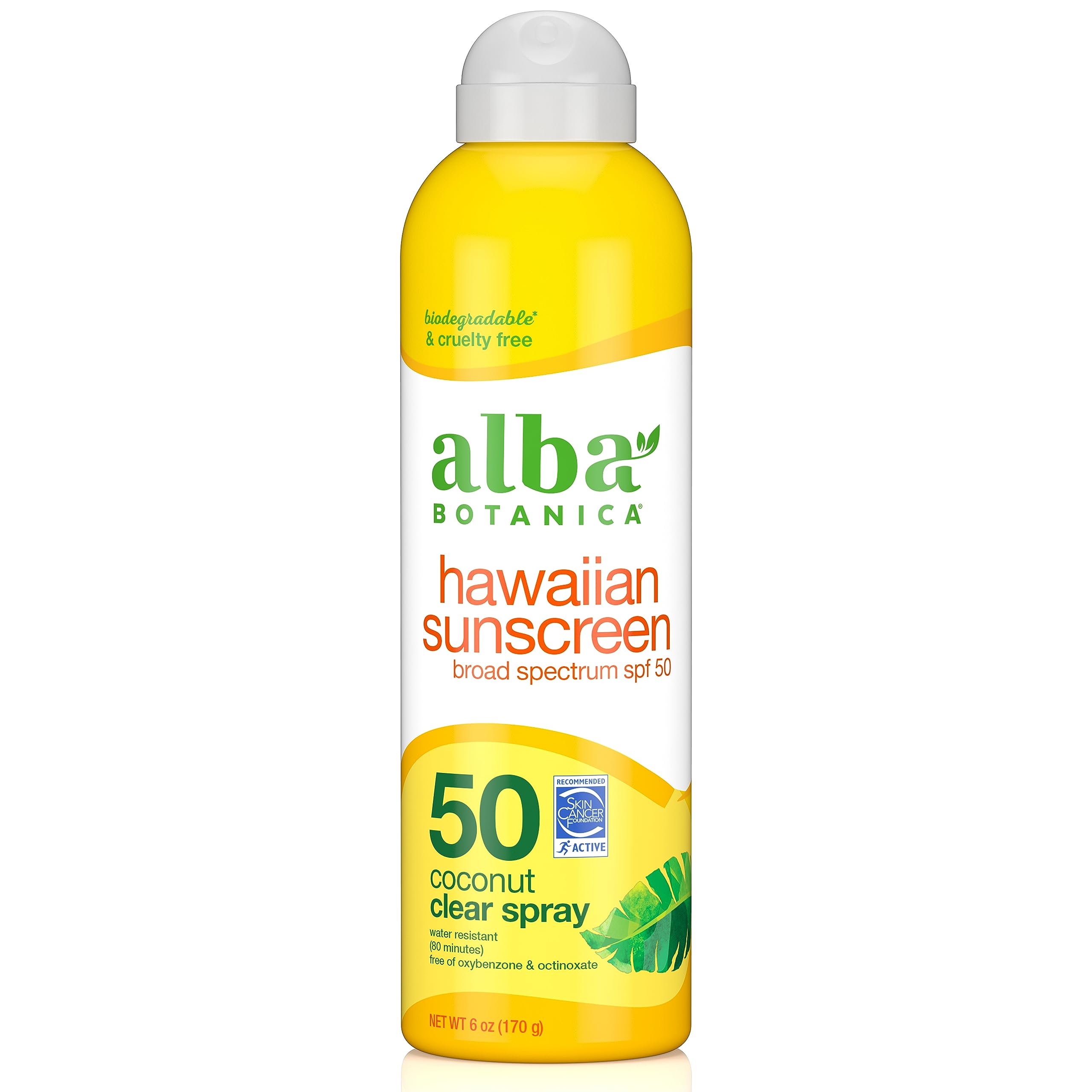 Alba Botanica Sunscreen for Face and Body, Hawaiian Coconut Sunscreen Spray, Broad Spectrum SPF 50 Sunscreen, Water Resistant and Biodegradable, 6 fl. oz. Bottle