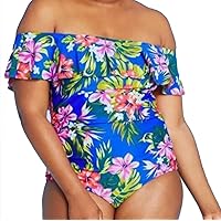 Off-The-Shoulder Flounce Floral 1-Piece Swimsuit, NWT,Women's Plus Size 18W Blue