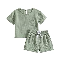 Baby Boy Girl Cotton Linen Clothes Solid Color Short Sleeve Tops Drawstring Shorts Set 2Pcs Toddler Summer Outfit