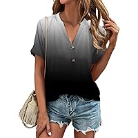 Women's Casual Tops, Fashion Loose Plain V Neck Button Short Sleeve Cotton for Women Summer, S XXL