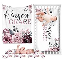 Personalized Girl Crib Bedding Set for Infant Baby: Custom Name Nursery Decor Rose Purple Baby Blanket Fitted Crib Sheet Changing Pad Cover 3 Pcs(Fixed Size)