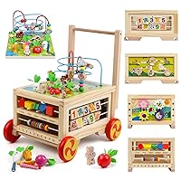 Wooden Activity Cube 7-in-1 Montessori Toy Multipurpose Educational Learning Toy for 1+ Year Old Baby Toddler Kid Boy First Birthday Gift Bead Maze Gear Number Animal Board Carrots Harvest Game