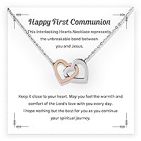 Happy First Communion Necklace Gift, Interlocking Heart Jewelry Gift For 1st Holy Communion, Confirmation Gifts For Teenage Girls, Necklaces For Granddaughters, Daughter On Her First Communion Gifts With Message Card And Gift Box.