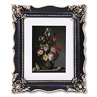 8x10 Vintage Picture Frame with Embossed Flower Design, Black Ornate for or 5x7 Pictures White Mat, Hand-Crafted Resin Antique Frames Tabletop & Wall Hanging, Home Decor (Black, 8x10)
