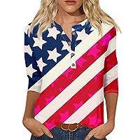 Womens 3/4 Sleeve Shirts 2024 Trendy 4th of July Button Down Shirts Henley Neck Shirts Y2K Holiday Loose fit top Tunics