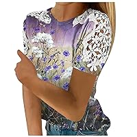 Plus Size Tee Shirts for Women Loose Fit, Women's Fashion Lace Hollow Print Round Neck Short Sleeve T-Shirt Top