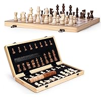 15'' Wooden Chess Set | Folding Board, 2 Extra Queens | Magnetic Chess Board Set for Adults & Kids, Pieces Storage Slots Checkers Game for Kids Portable Travel Chess Game for Beginner