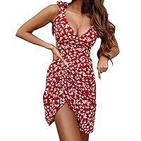 Women's Dresses Summer Dress Ladies Floral Pattern V Neck Ruffle Buns Floral Floral Sexy Party Dress(B,Small