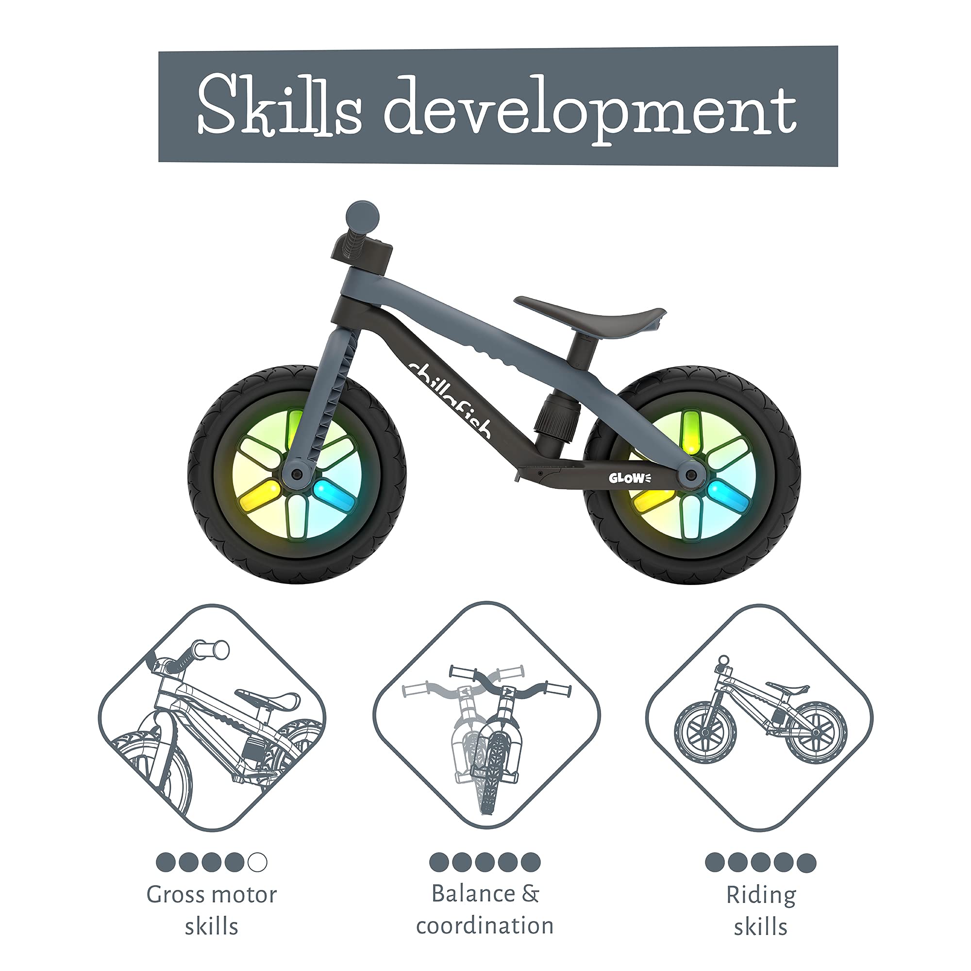 chillaFish BMXie Glow Lightweight Balance Bike with Light-up Wheels When Riding, for Kids 2 to 5 Years, 12-inch airless rubberskin Tires, Adjustable seat Without Tools, Anthracite, (CPMX04ANT)
