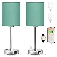 Innqoo Teal Touch Table Lamps Set of 2-3 Way Dimmable Bedside Lamp with USB C and A Ports and Outlets, Modern Nightstand Lamp with Silver Base, Small Bedroom Lamps for Kids Nursery