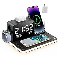 7 in 1 Charging Station with Clock, Wireless Charger with Night Light, Bluetooth TimeSync Temperature,30W Adapter,Fast Charger for iPhone 15/14/13/12/11 All Series & Airpods& iWatch