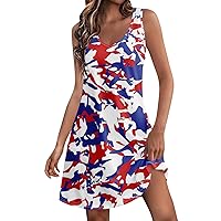4th of July Dresses for Women Sleeveless Independent Day Printed Dress with V-Neck Vest and Pocket Beach Dress