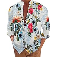 Mens Long Sleeve Button Down Shirts Vintage Cotton Casual Band Collar Tops Loose Fit Retro Tees Summer Beach Shirts