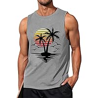 Men's Tropical Tank Tops Sleeveless Tees Palm Tree/American Flag Graphic Cut Off T-Shirt Casual Hawaiian Beach Vacation