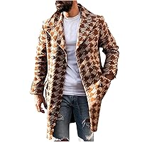 Mens Warm Trench Coat, Business Single Breasted Plaid Woolen Long Peacoat Windbreaker Overcoat