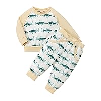 New Born Baby Boy Clothes Toddler Boys Girls Long Sleeve Cartoon Shark Prints Tops Pants Kids Baby (Beige, 12-18 Months)