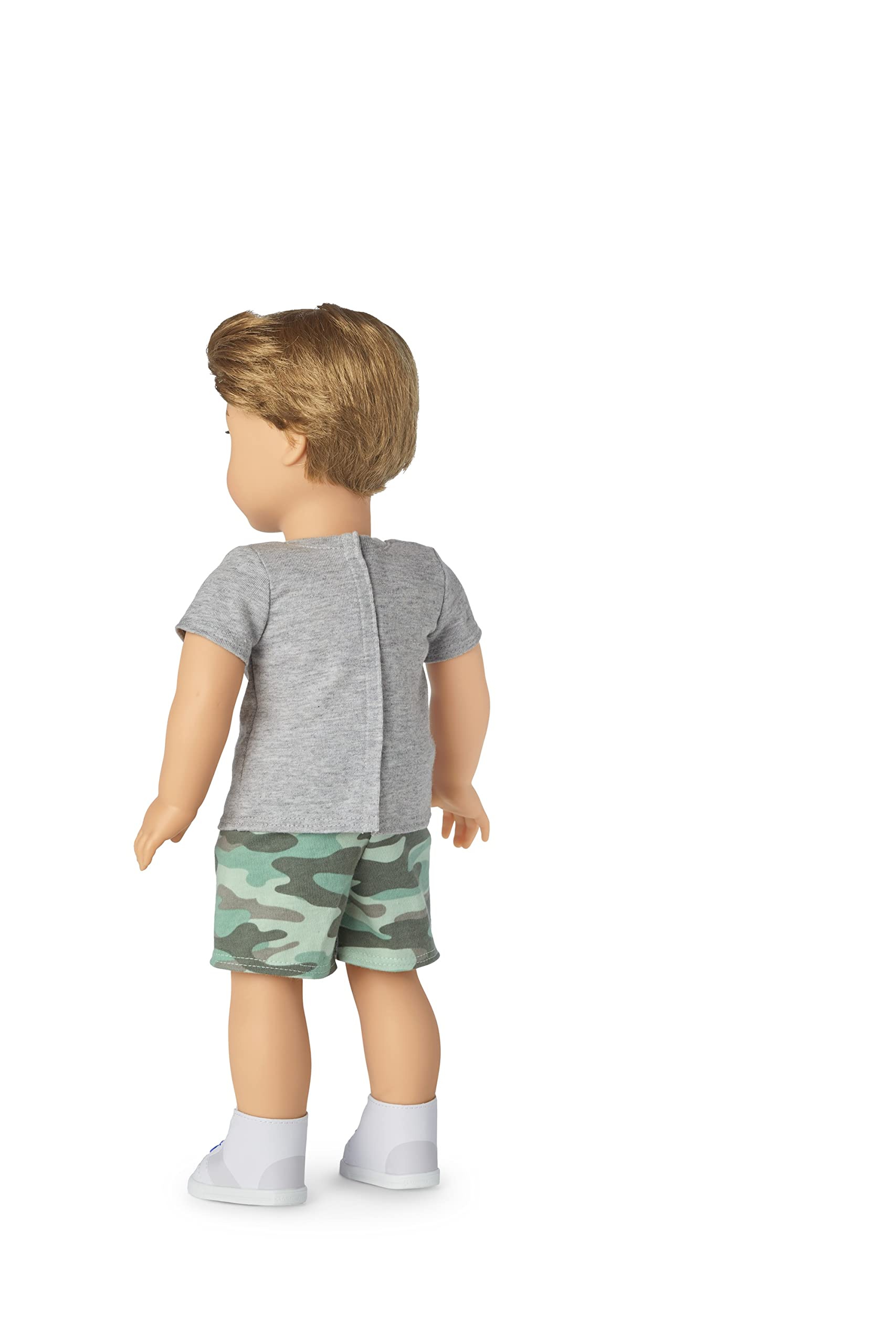 American Girl Truly Me 18-Inch Doll 104 with Dark-Blue Eyes, Straight Caramel Hair, Light Skin with Warm Olive Undertones, Camo Shorts and Grey T-Shirt