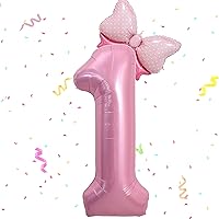40 Inch Pink Number 1 Balloon & Mini Bow Balloon for Girl First Birthday Party Decorations, 1st Birthday Party Decorations Pink Theme Party Balloons Decorations Supplies