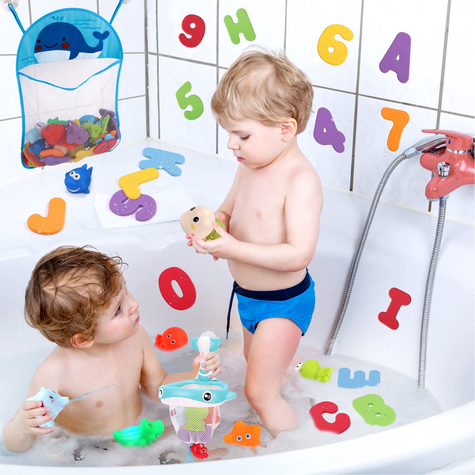 KaeKid Baby Bath Toys, 36 Foam Bath Letters & Numbers, Light up Bathtub Toys, Water Spray & Squeeze Bath Set with Fishing Net & Organizer Bag, Bath Water Toys for Kids Toddlers Gifts 3-6 Years Old