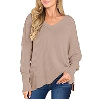 Langwyqu Women's Oversized V Neck Sweaters Tops Batwing Long Sleeve Side Slit Ribbed Knit Casual Pullover Sweater
