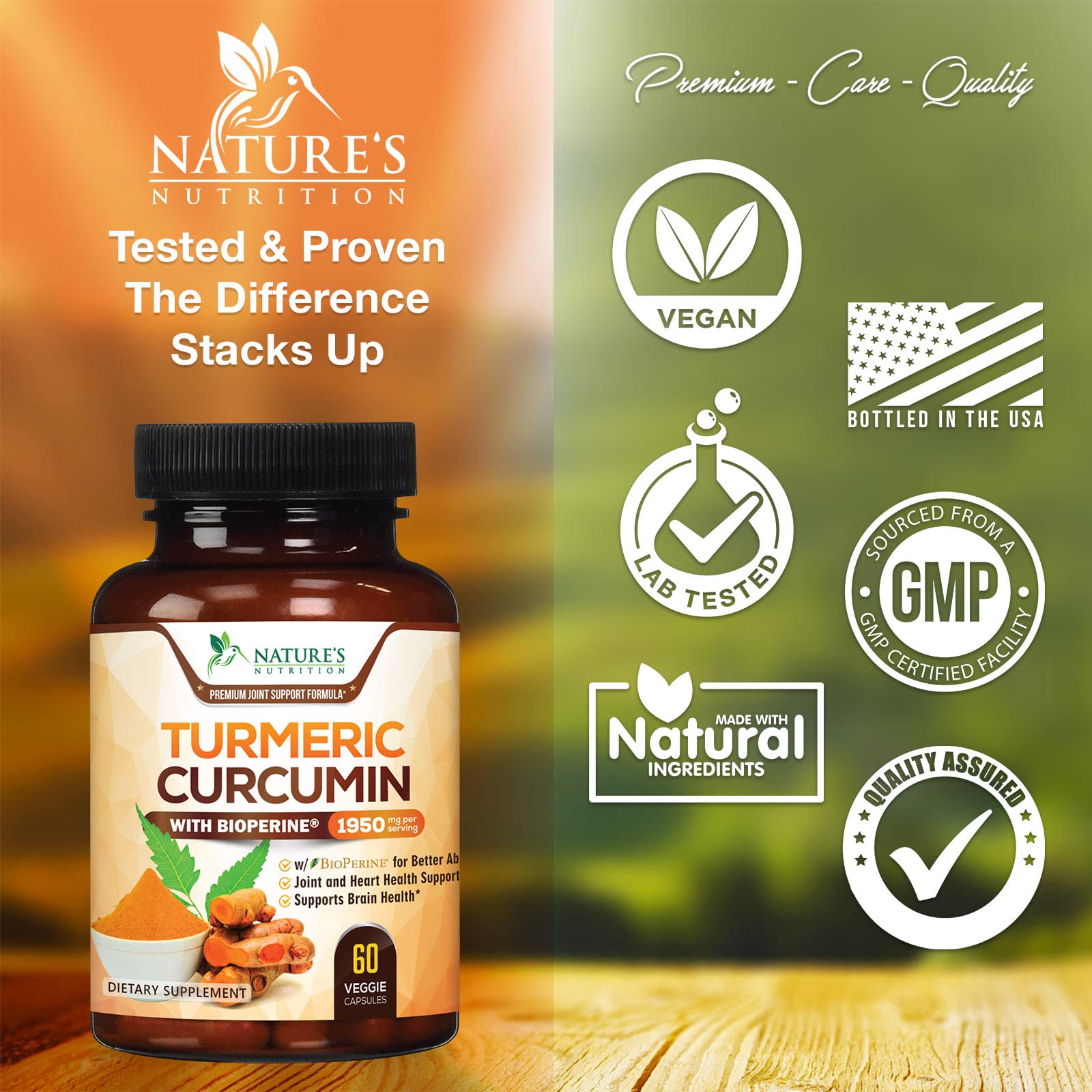 Turmeric Curcumin with BioPerine 95% Standardized Curcuminoids 1950mg - Black Pepper for Max Absorption, Natural Joint Support, Nature's Tumeric Extract, Herbal Supplement, Non-GMO - 60 Capsules
