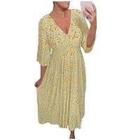Women's Spring Dresses 2024 Fashionable Casual Printed V-Neck Dress with Tunic Waist Ruffle Sleeves Dress, S-5XL