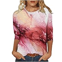 3/4 Sleeves Womens Shirts Floral Stone Print Tops Blouse Round Neck Tie Dye Tees Tunics Daily Fall Summer Clothes