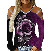 Womens Cold Shoulder Shirt Women's Plus Size Long Sleeve Tops Cold Shoulder Tshirts Casual Fall Sparkly Sequin V Neck Blouses Shirts(A-Purple,Large)