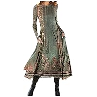 Women's Wedding Guest Dresses Fashion Casual Printed Round Neck Pullover Slim Fitting Long Sleeve Dress, S-3XL