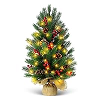 24 Inch Tabletop Christmas Tree with 50 LED Lights, 2FT Prelit Small Xmas Tree with Timer, 50 Pine Branches, 8 Pinecones, 56 Red Berries, Battery Powerd Burlap Wooden Base, Winter Home Decorations