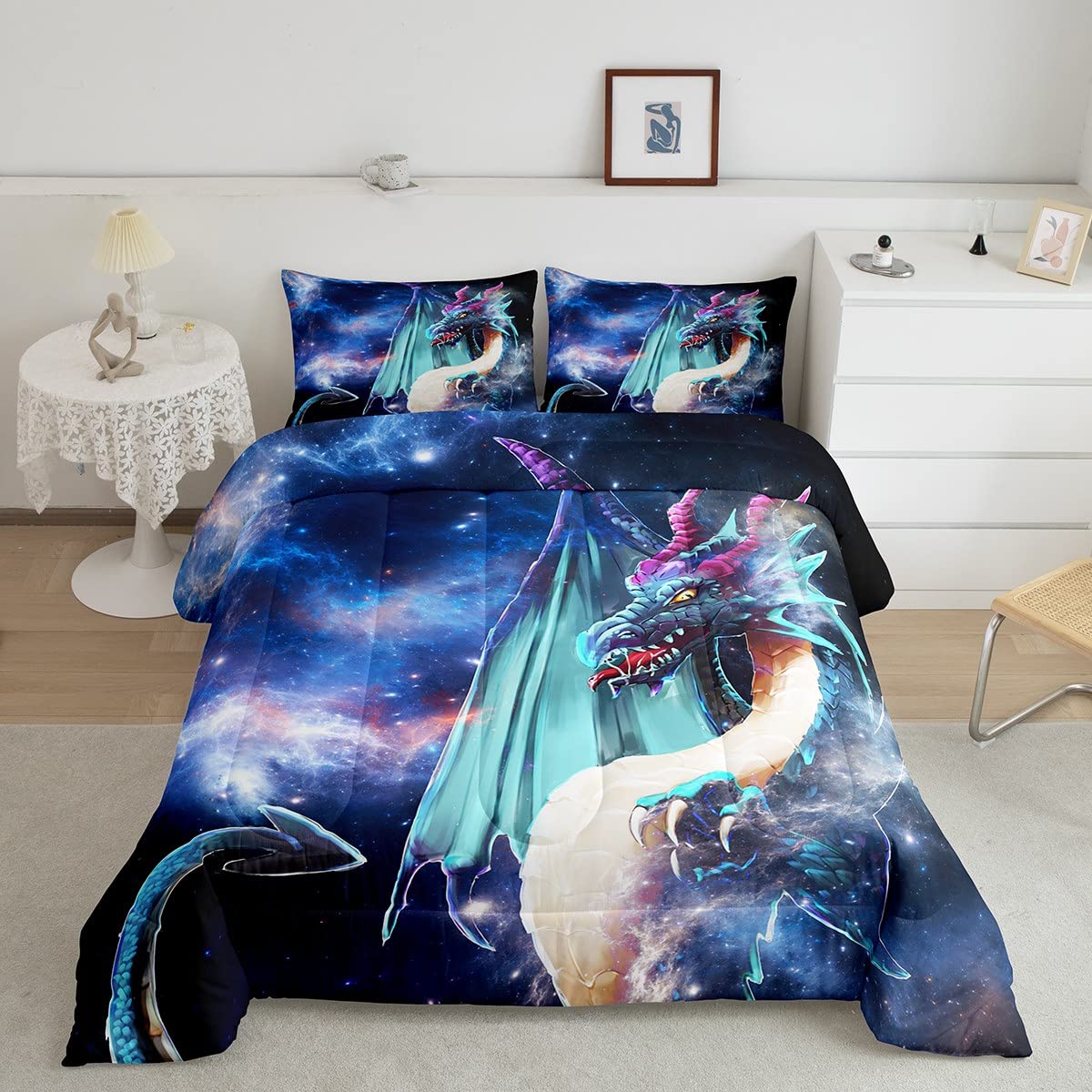 Feelyou Boys Dragon Bedding Set Galaxy Universe Print Comforter Set for Kids Boys Girls Outer Space Scary Dragon Comforter Dinosaur Animal Decor Qu...