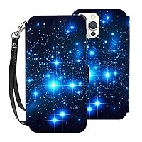 Blue Shining Stars Wallet Cases for iPhone 12 with Card Holder - Flip Leather Phone Wallet Case Cover with Card Slots and Wrist Strap,6.1 Inch