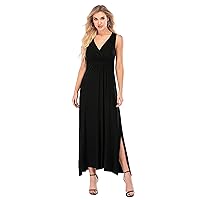 Women's Sleeveless V-Neck Long Maxi Black Dress