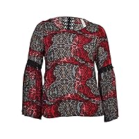Women's Long Bell Sleeve Scoop Neck Printed Blouse Split at Back with Crochet Detail