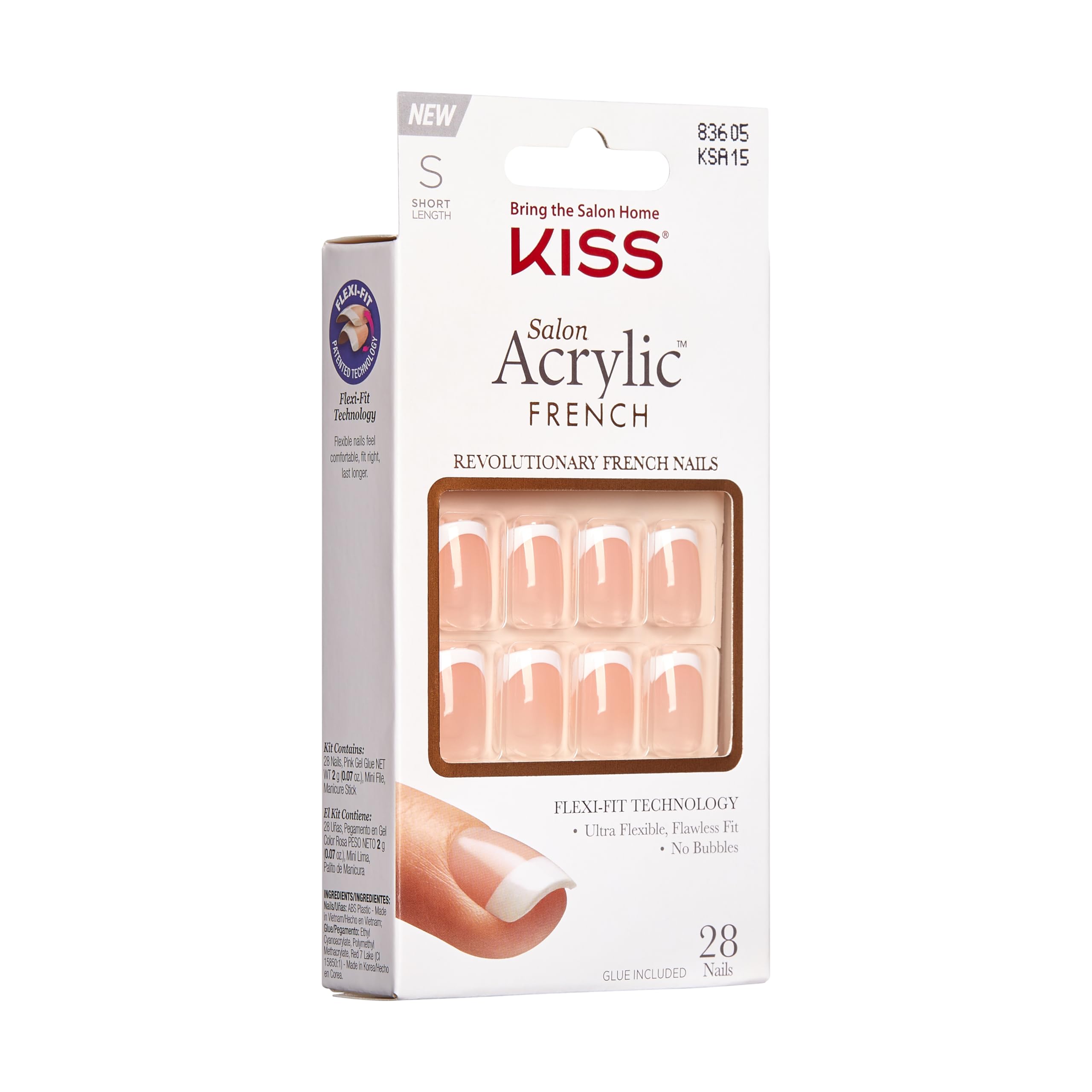 KISS Salon Acrylic Press On Nails, Nail glue included, 'Bonjour', Nude/ White, Short Size, Squoval Shape, Includes 28 Nails, 2g Glue, 1 Manicure Stick, 1 Mini File