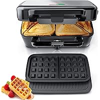 FOHERE Waffle Maker 3 in 1 Sandwich Maker 1200W Panini Press With Removable Plates and 5-gear Temperature Control, Non-stick Coating Easy to Clean,Indicator Lights, Silver/Black