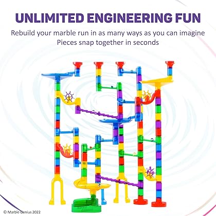 Marble Genius Marble Run (130 Complete Pieces) Maze Track or Race Game for Adults, Teens, Toddlers, or Kids Aged 4-8 Years Old, (80 Translucent Marbulous Pieces + 50 Glass-Marble Set), Starter Set