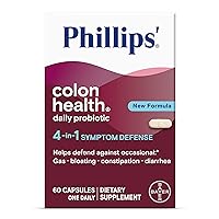 Phillips’ Colon Health Daily Probiotic Capsules, 4-in-1 Symptom Defense to help defend against Occasional Gas, Bloating, Constipation, and Diarrhea, Daily Supplement, 60 Count