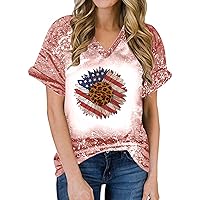 Womens Leopard Sunflower Red White Blue Star Stripes Shirts V Neck Short Sleeve 4th of July Tops Patriotic Tshirts