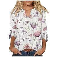 Summer Tops for Women 2024,Ladies Tops and Blouses 3/4 Bell Sleeve V Neck T Shirts Loose Fit Floral Tops Summer Shirt